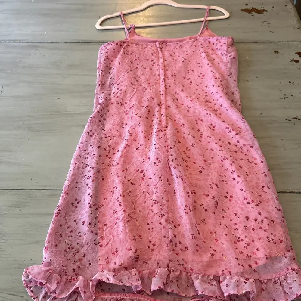 Y2K Byer Too Pink Ditzy Floral Ruffle Hem Mini Sundress Sz 11 Whimsy Cutesy Vtg - Picture 7 of 8